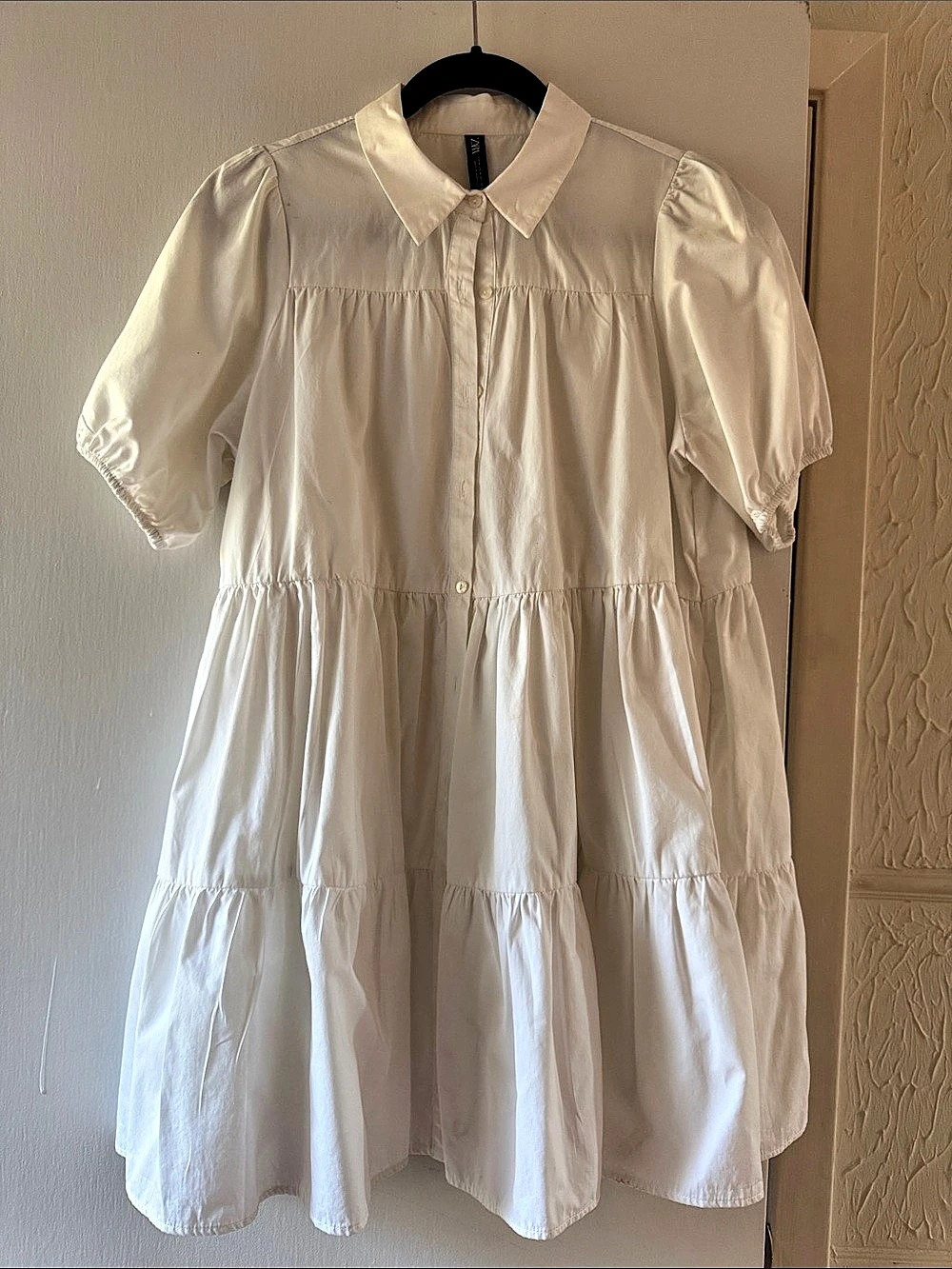 ZARA Tiered Puff Sleeve Mini Dress in White Like New